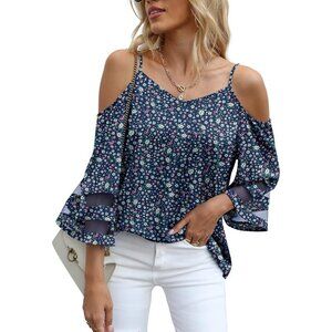 Women Blue Summer Cold Shoulder Tops Bell Sleeve Tees Strap Loose Fit Shirts